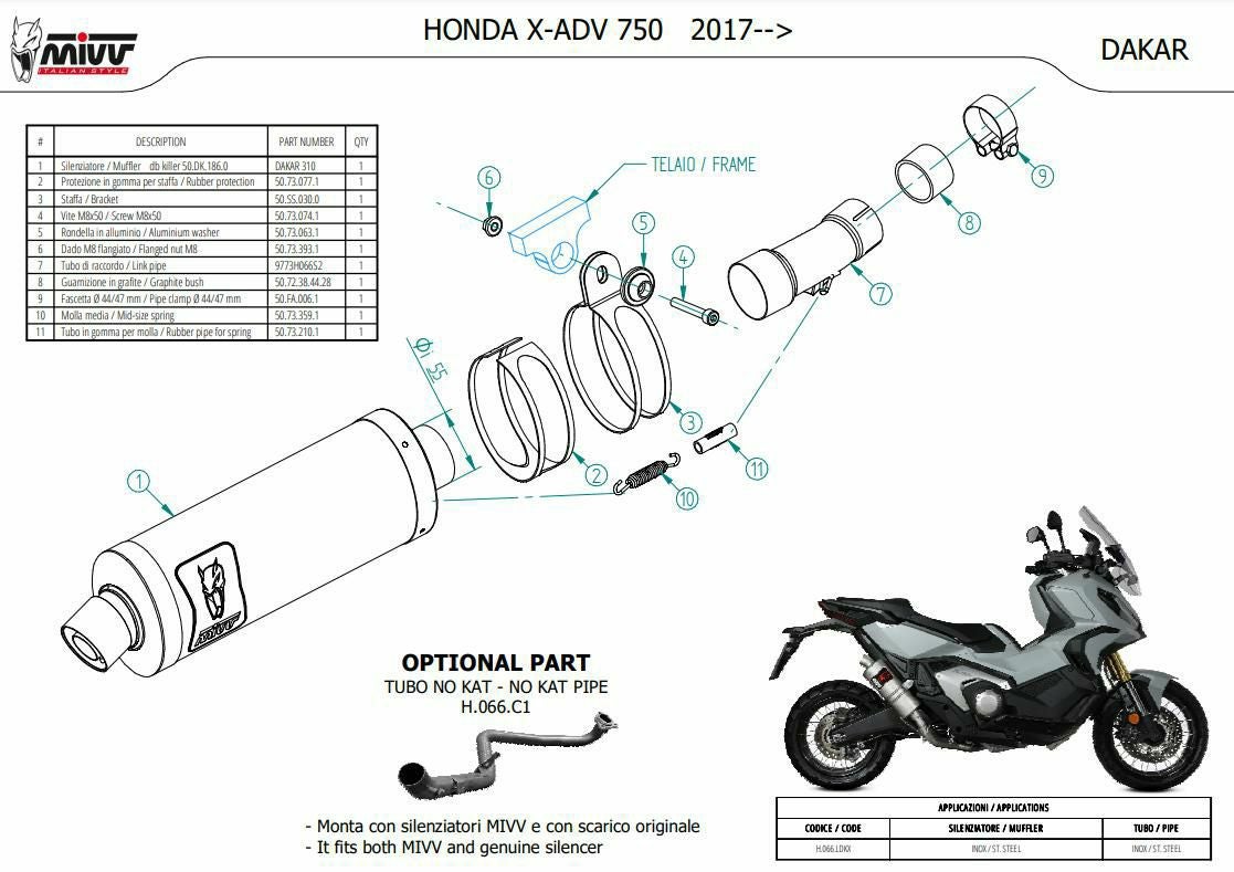 MIVV スリップオンマフラー DAKAR ステンレス HONDA X-ADV750 (2017-2024)