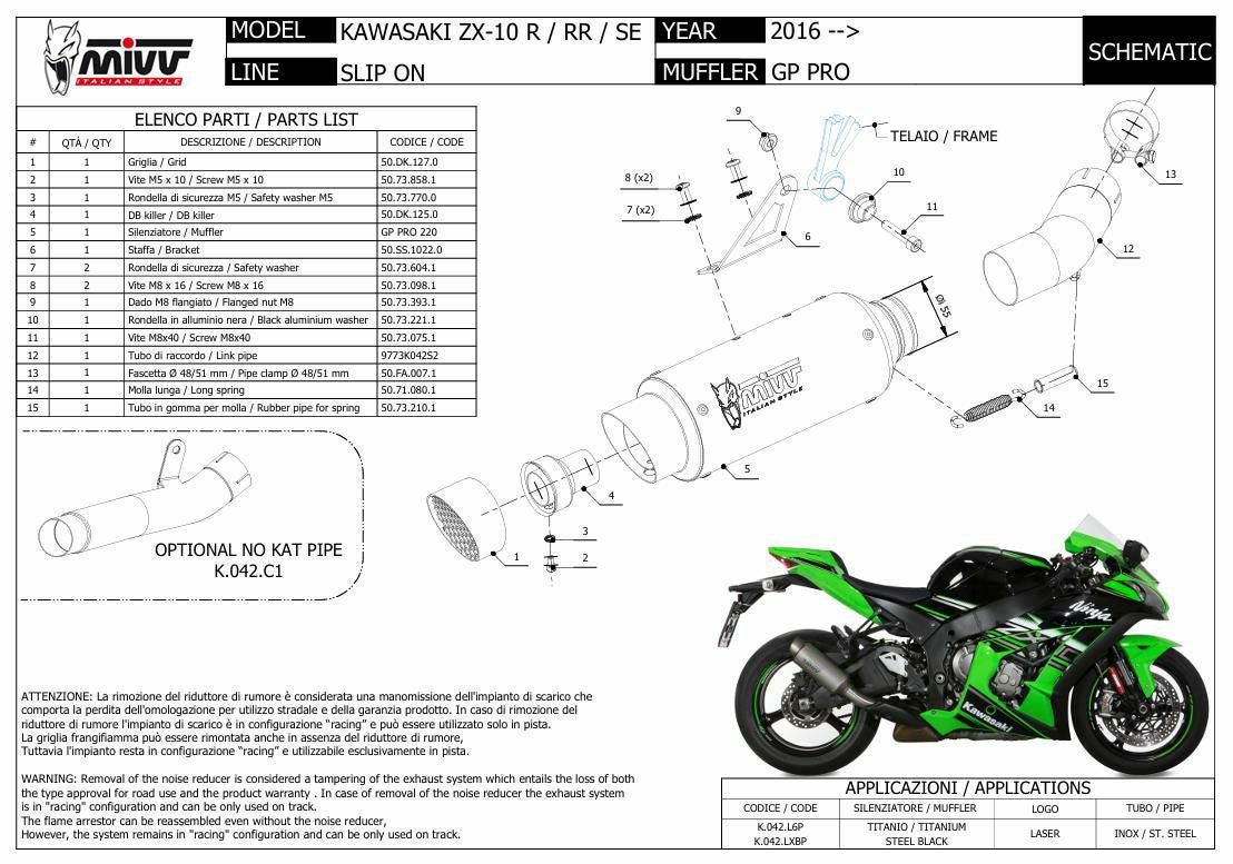 MIVV スリップオンマフラー GP PRO チタン KAWASAKI ZX-10R (2016-2024