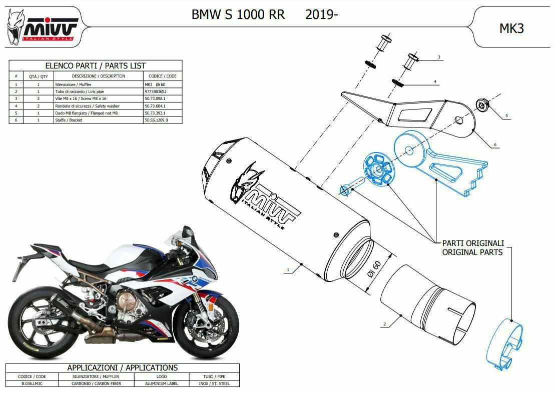 Mivv S1000RR 2019-2024スリップオン カーボン MK3 MIVV スリップオンマフラー MK3 カーボン BMW S1000RR (2019-2024)