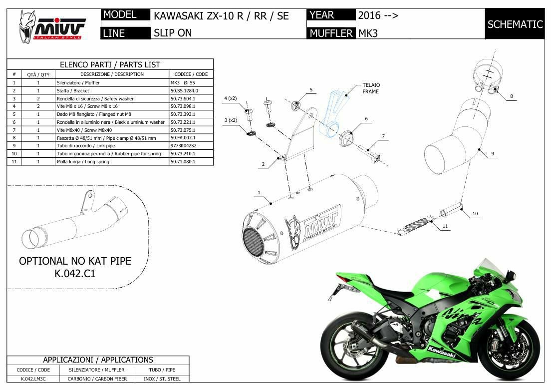 MIVV スリップオンマフラー MK3 カーボン KAWASAKI ZX-10R (2016-2024
