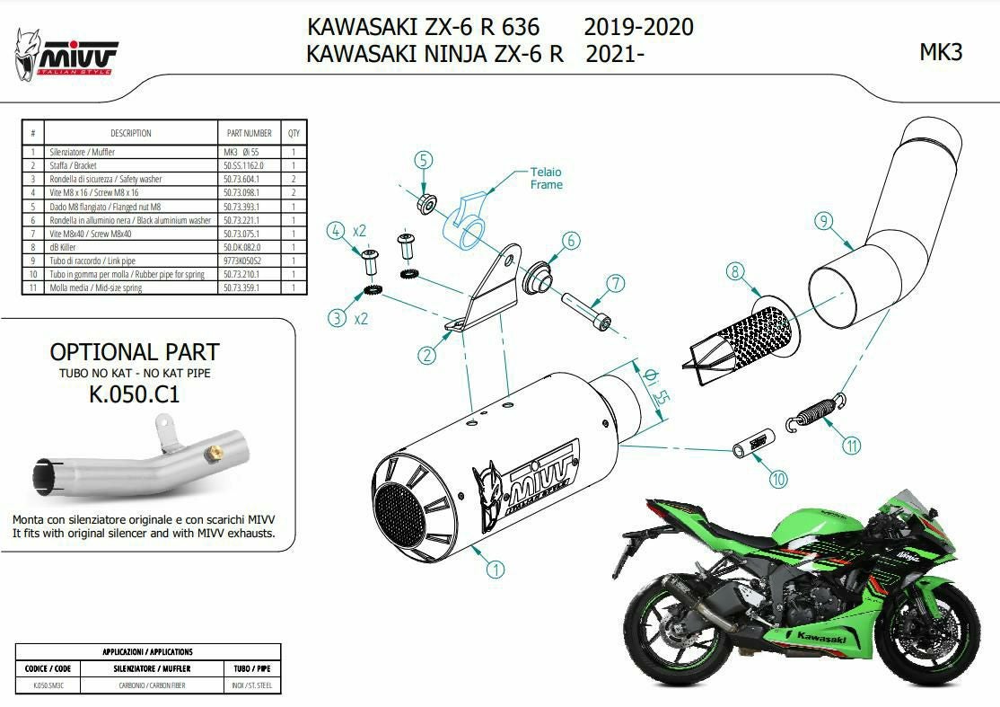 MIVV スリップオンマフラー MK3 カーボン KAWASAKI ZX-6R (2021-2024)