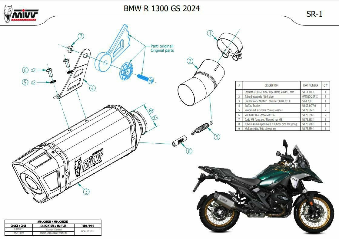 MIVV スリップオンマフラー SR-1 チタン シルバー BMW R1300GS (2024-)
