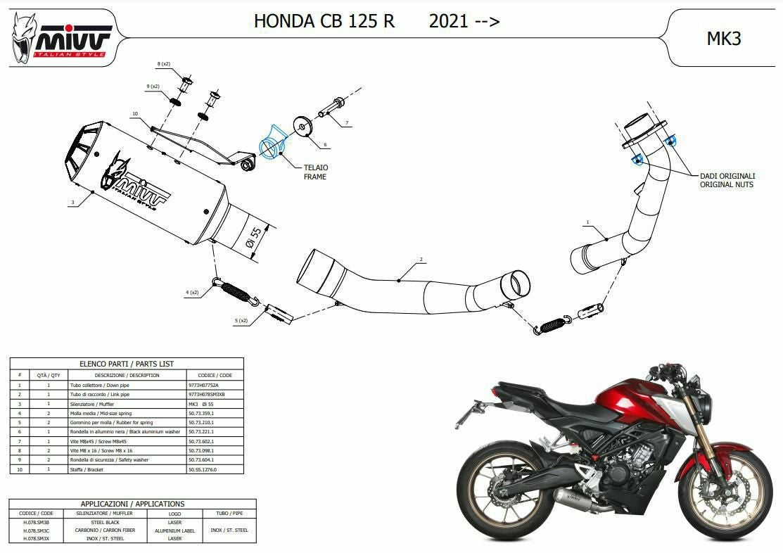 CB125r mivvマフラーフルエキカーボン新品 Mivv CB125R 2021-2024 フルエキ MK3 ブラックステンレス H.078.SM3B