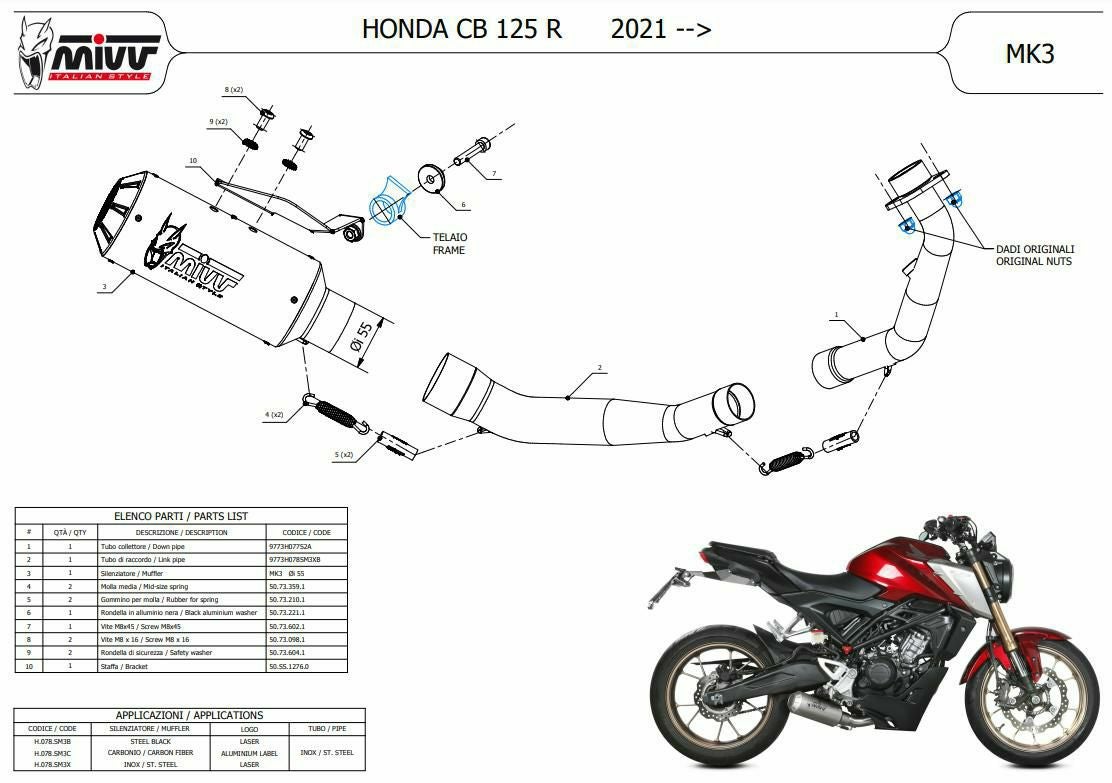 MIVV フルシステムマフラー MK3 ステンレス HONDA CB125R (2021-2024)